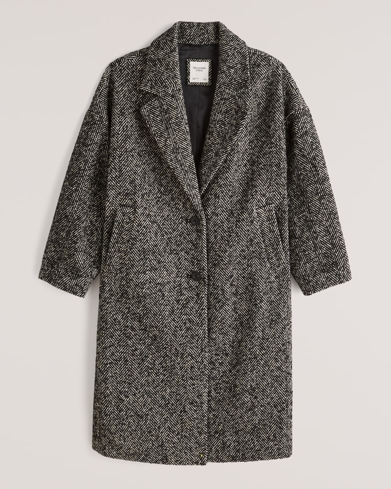 Black Herringbone Slouchy Textured Dad Coat Oversized Winter Coat