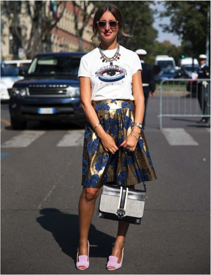 how to wear a graphic tee. graphic tee paired with a skirt