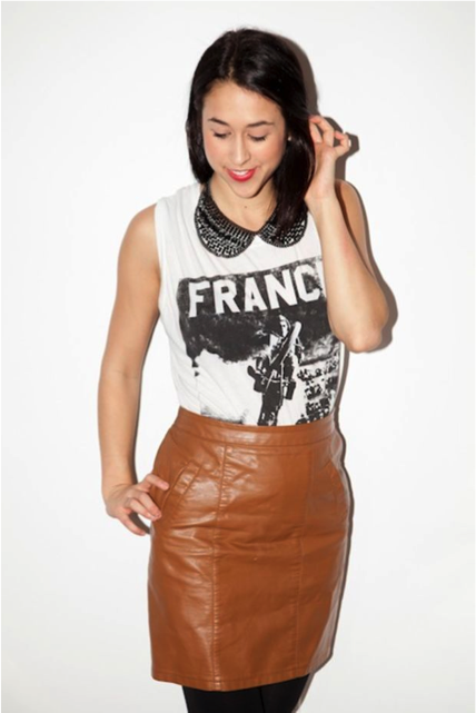 how to wear a graphic tee. graphic tee paired with a leather pencil skirt