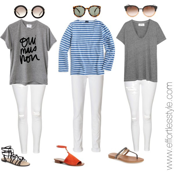 Labor Day outfits. White jeans worn three different ways. How to wear white jeans into fall