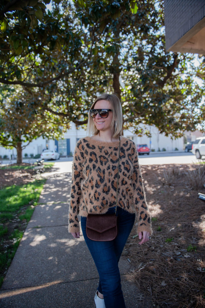 All About Leopard Sweater Jeans and White Booties