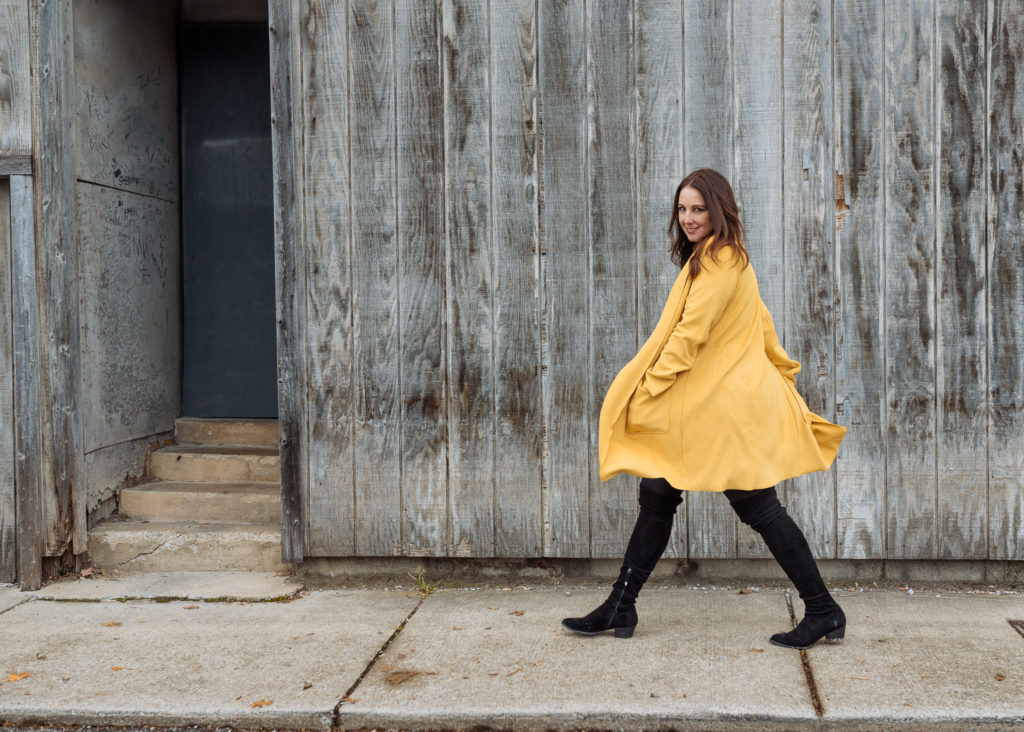 Mustard Color Standout Coat on Stylist Emily Goodin