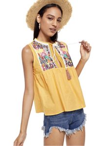 Amazon Fashion Favorites Sleeveless Embroidered Pom Pom Tie Neck Blouse