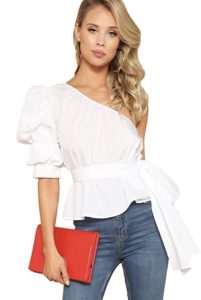 White One Shoulder Puff Sleeve Blouse