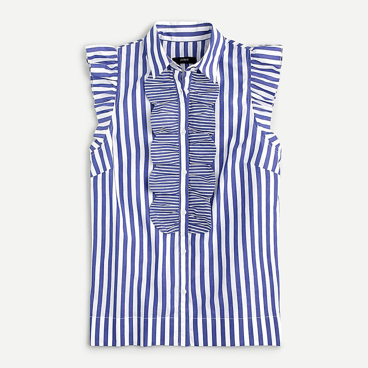 What to Wear for Your Next Virtual Happy Hour Ruffled Button-Up Striped Blouse