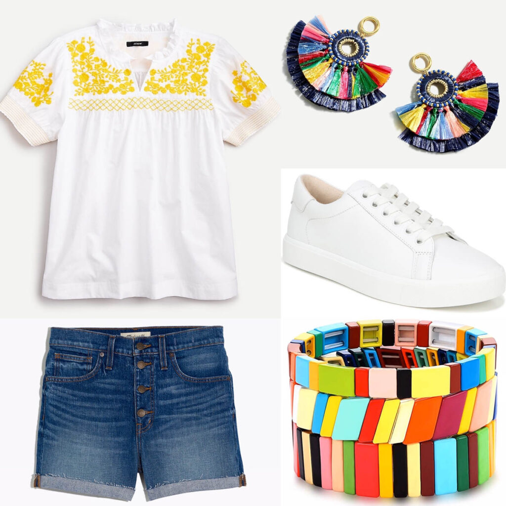 Festive Denim Shorts Look with Colorful Accessories