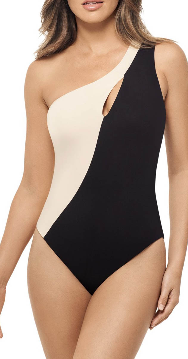 Our Go-To Flattering Swimsuits Black and White One Shoulder Miraclesuit