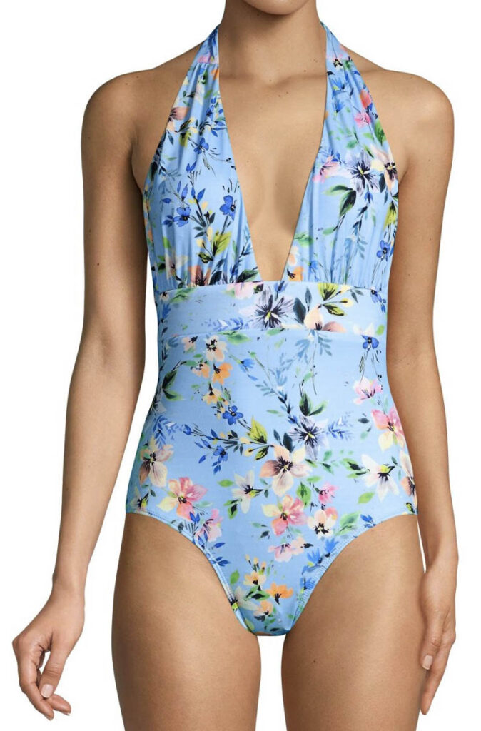 Floral Deep V-Neck Halter One-Piece Swimsuit
