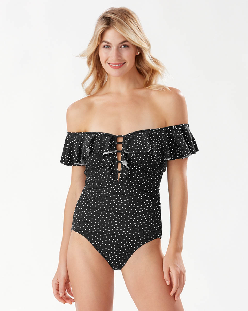 Off-The-Shoulder Black and White One-Piece Swimsuit