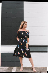Nashville Stylist Katey Preston in an Off the Shoulder Dress Look for summer