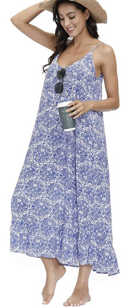 V-Neck Floral Maxi Dress Boho Printed Adjustable Spaghetti Strap Beach Long Dress with Pockets