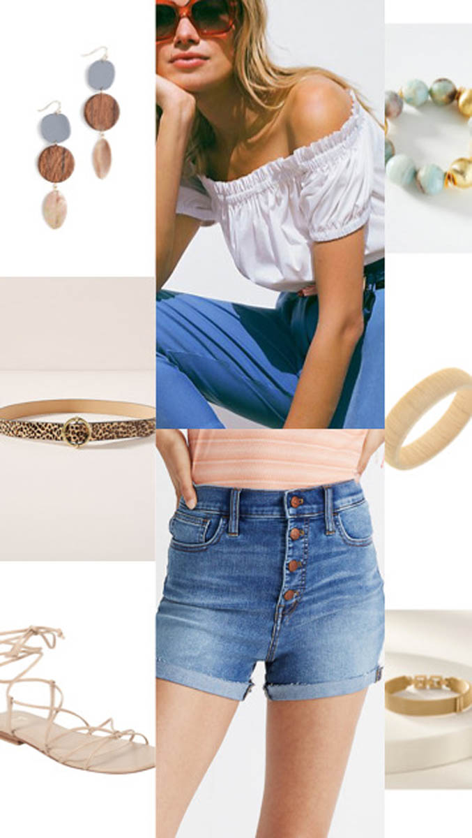 styling off the shoulder looks cropped with blouse and high waisted denim shorts