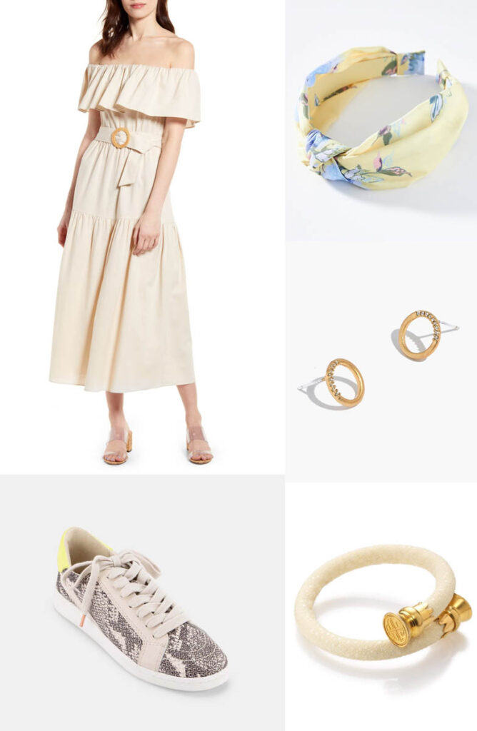 Styling Off The Shoulder Looks linen dress paired with sneakers