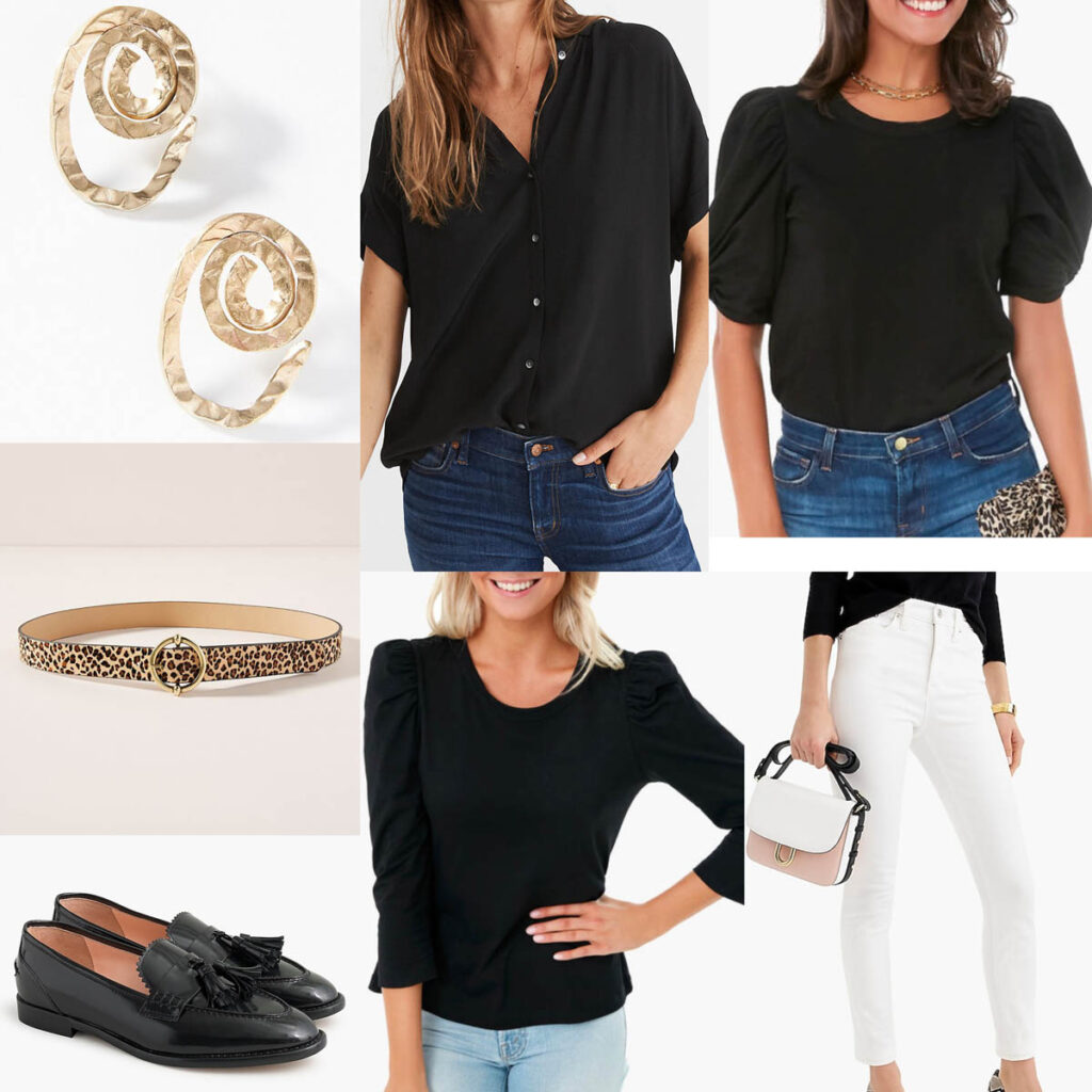Wearing White Denim After Labor Day white jeans paired with black tops and animal print accessories