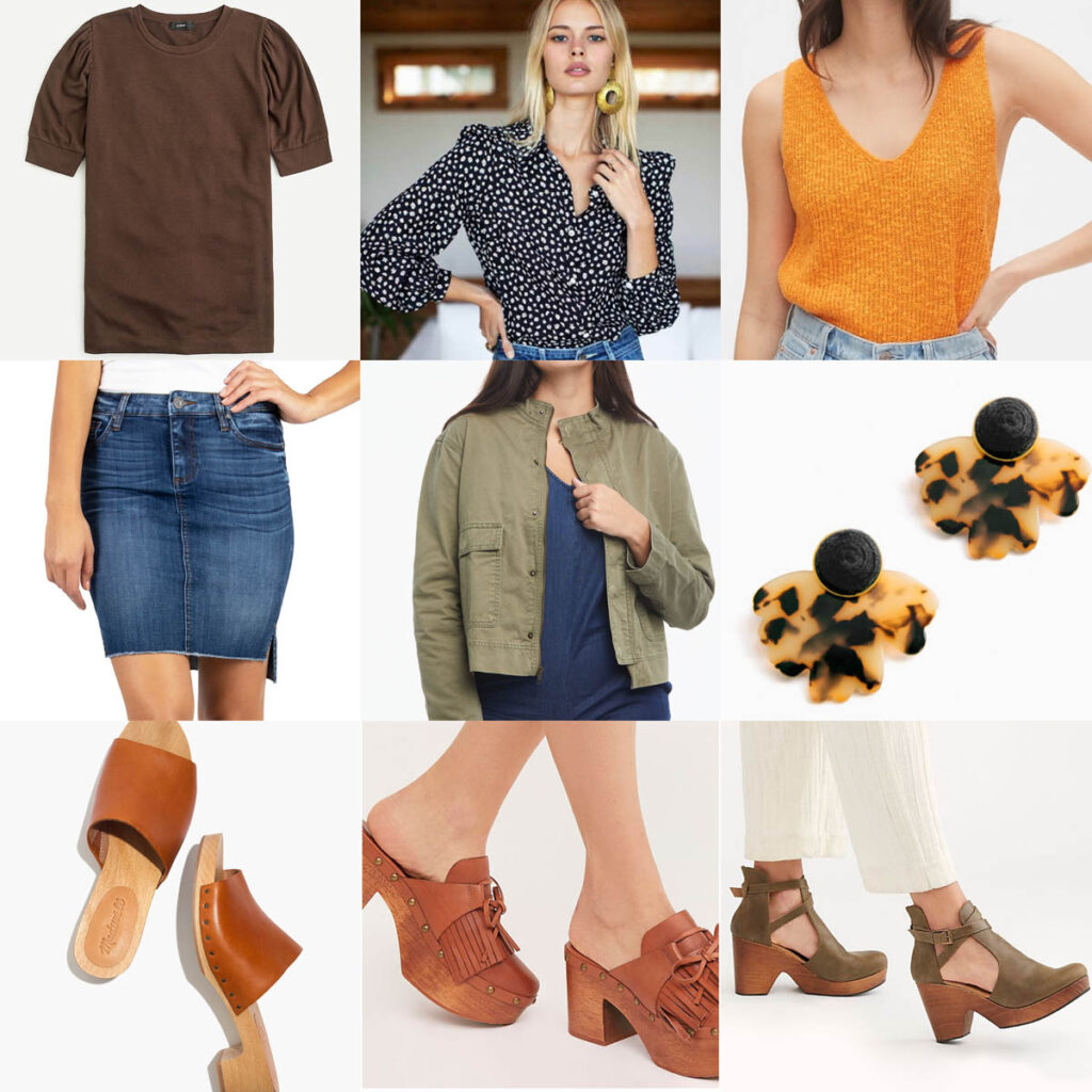 Clogs for fall paired with a Denim Skirt look
