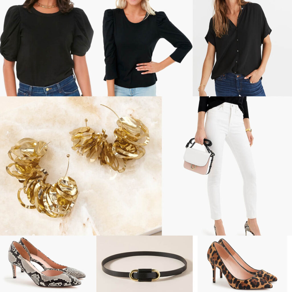 Elevated white jeans after Labor Day look. White jeans paired with classic black and pops of gold and leopard print