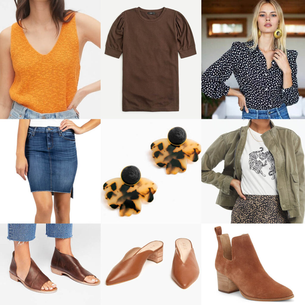 Transitioning denim skirts into early fall looks