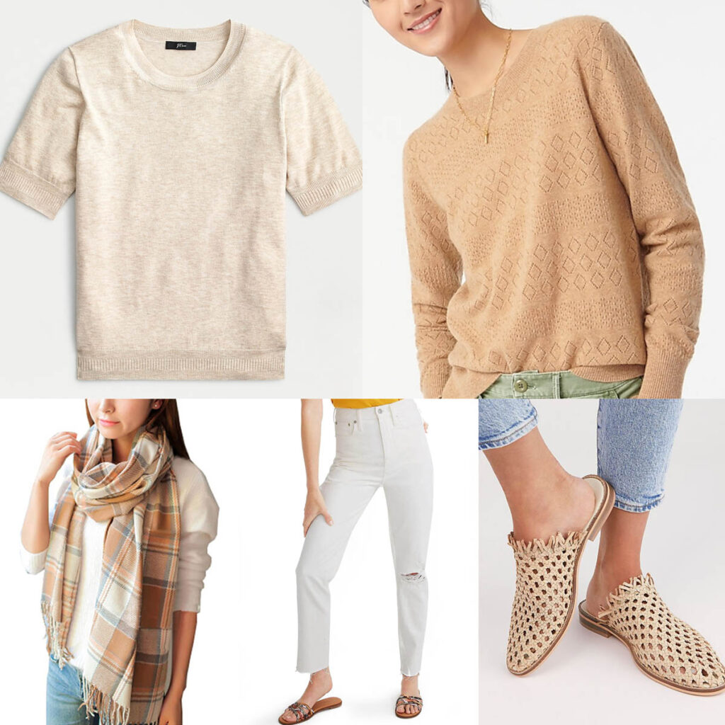Transitioning white denim into fall with camel hues and muted tones
