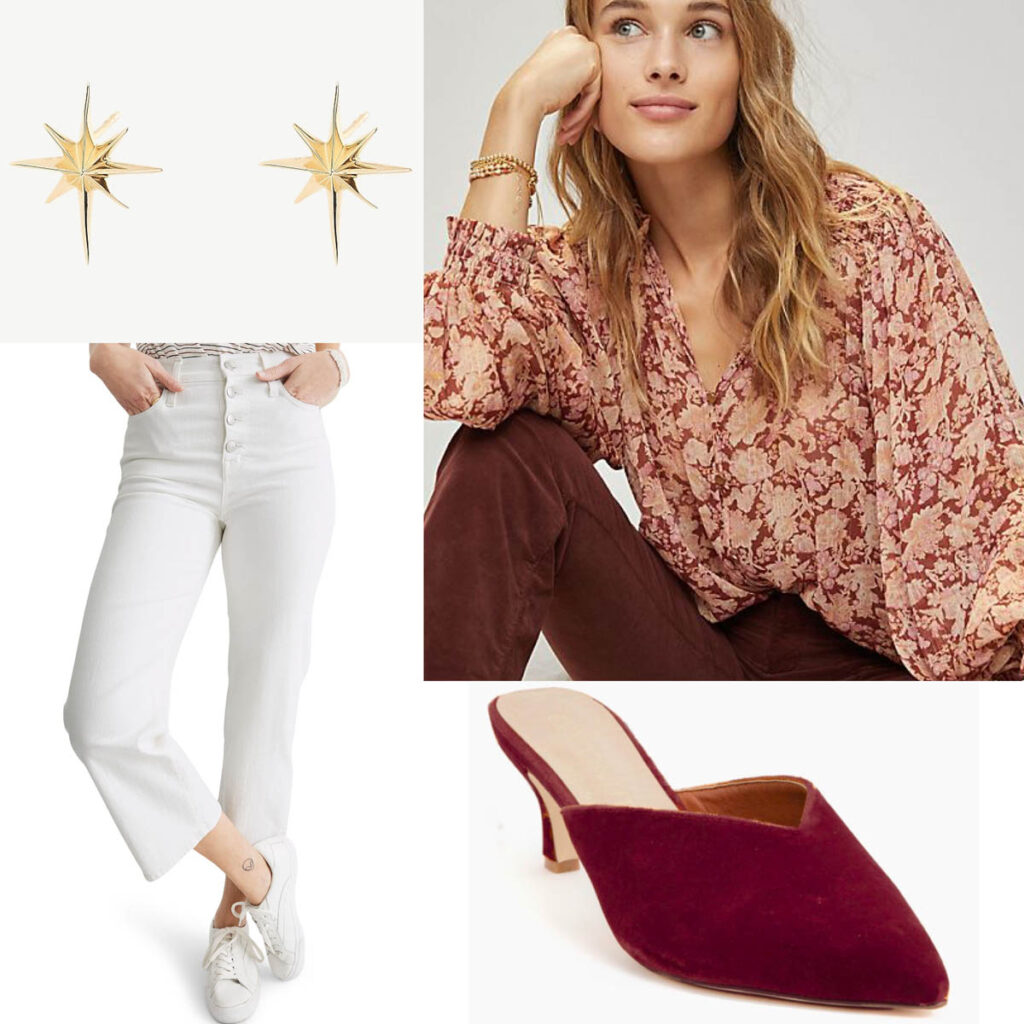 wearing white jeans in fall paired with a rust colored blouse and dark mules