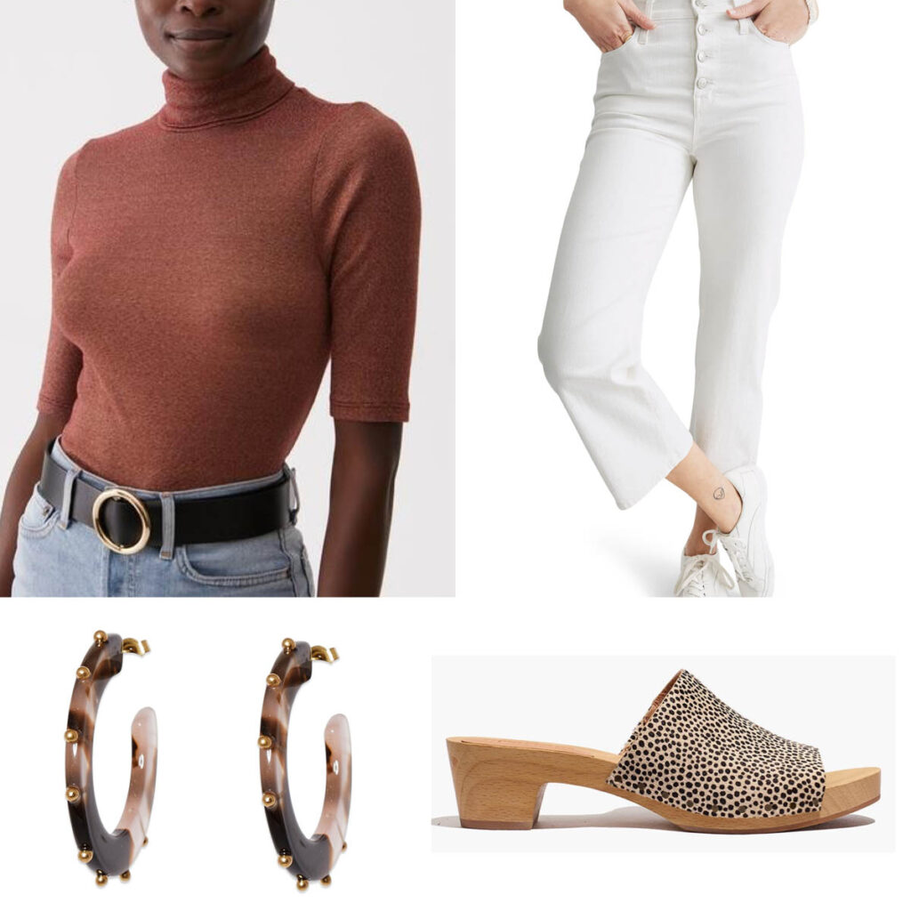 Wearing White Denim After Labor Day pair with fall colored tops and animal print clogs