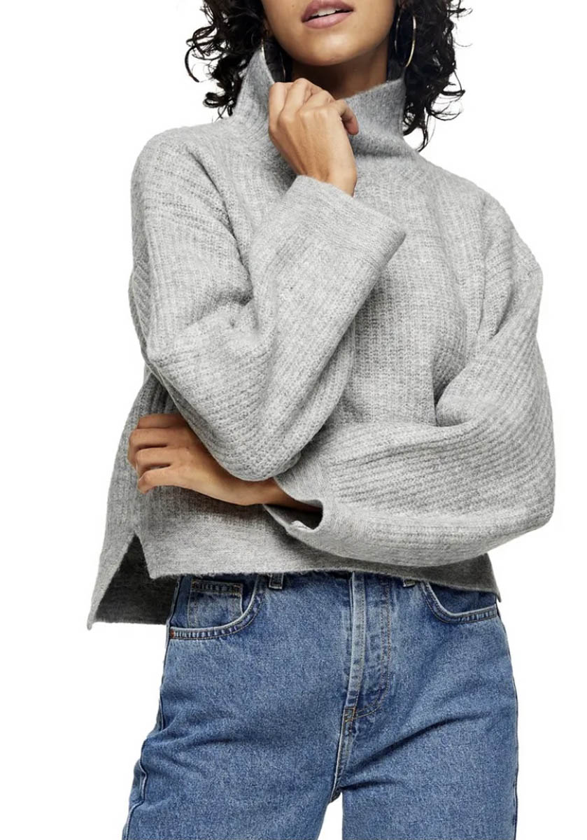 October Favorites Women's Grey Crop Funnel Neck Sweater