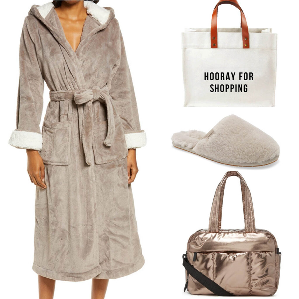 Holiday Gift Guide Katie's Favorite Gifts Under $100 for Her Hooray For Shopping Tote Plus Robe Plush Slippers