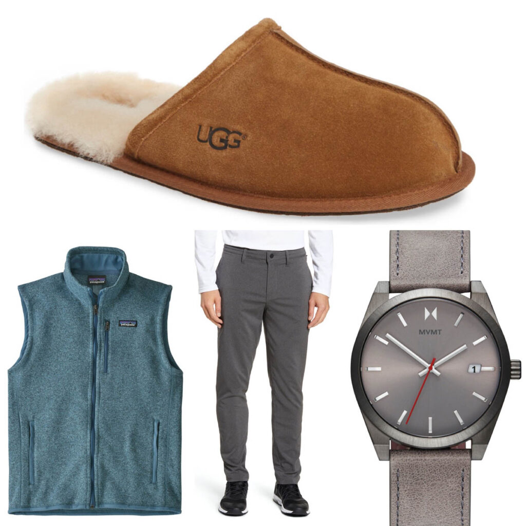 Holiday Gift Guide Katie Rushton's Favorites Gifts Under $100 for Him Suede Slippers Leather Strap Watch Patagonia Vest Commuter Pants