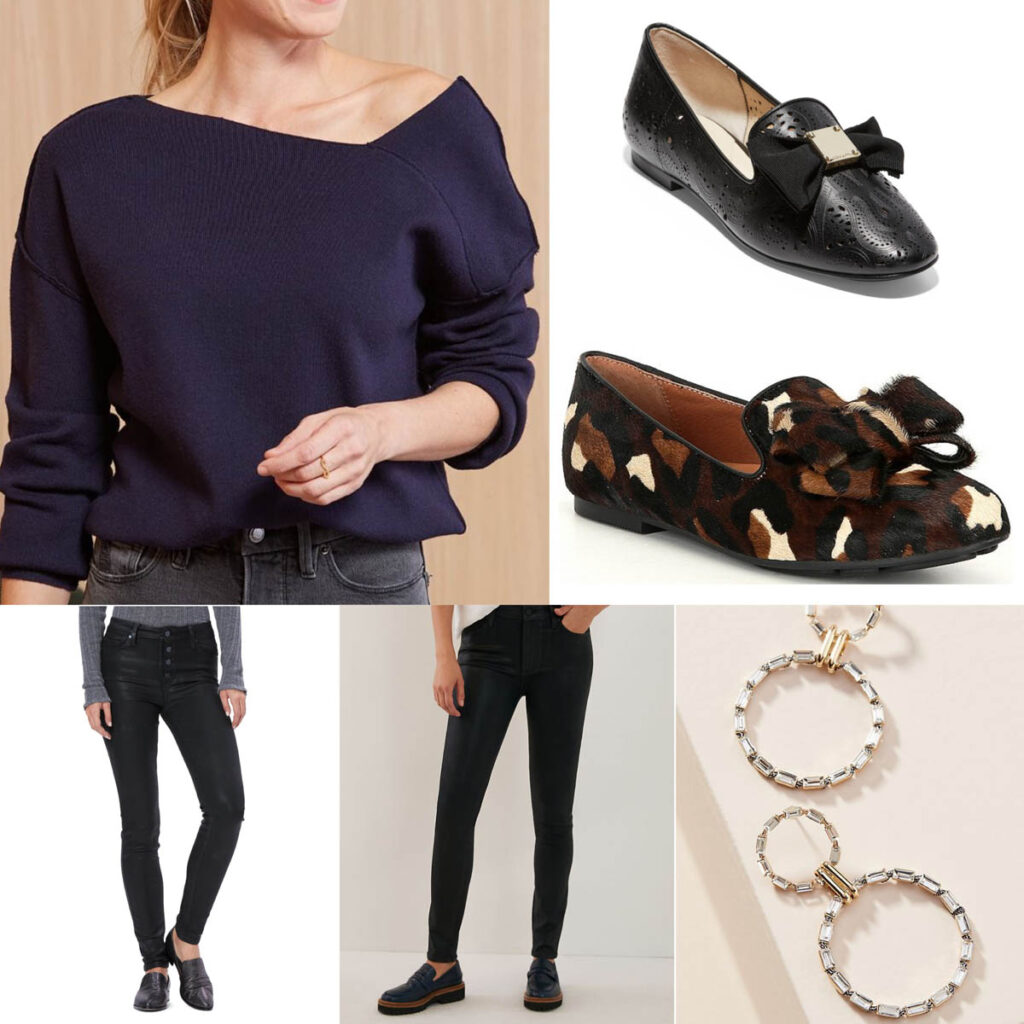 Dressy Casual New Year's Eve Look Navy Sweater and Black Jeans Outfit