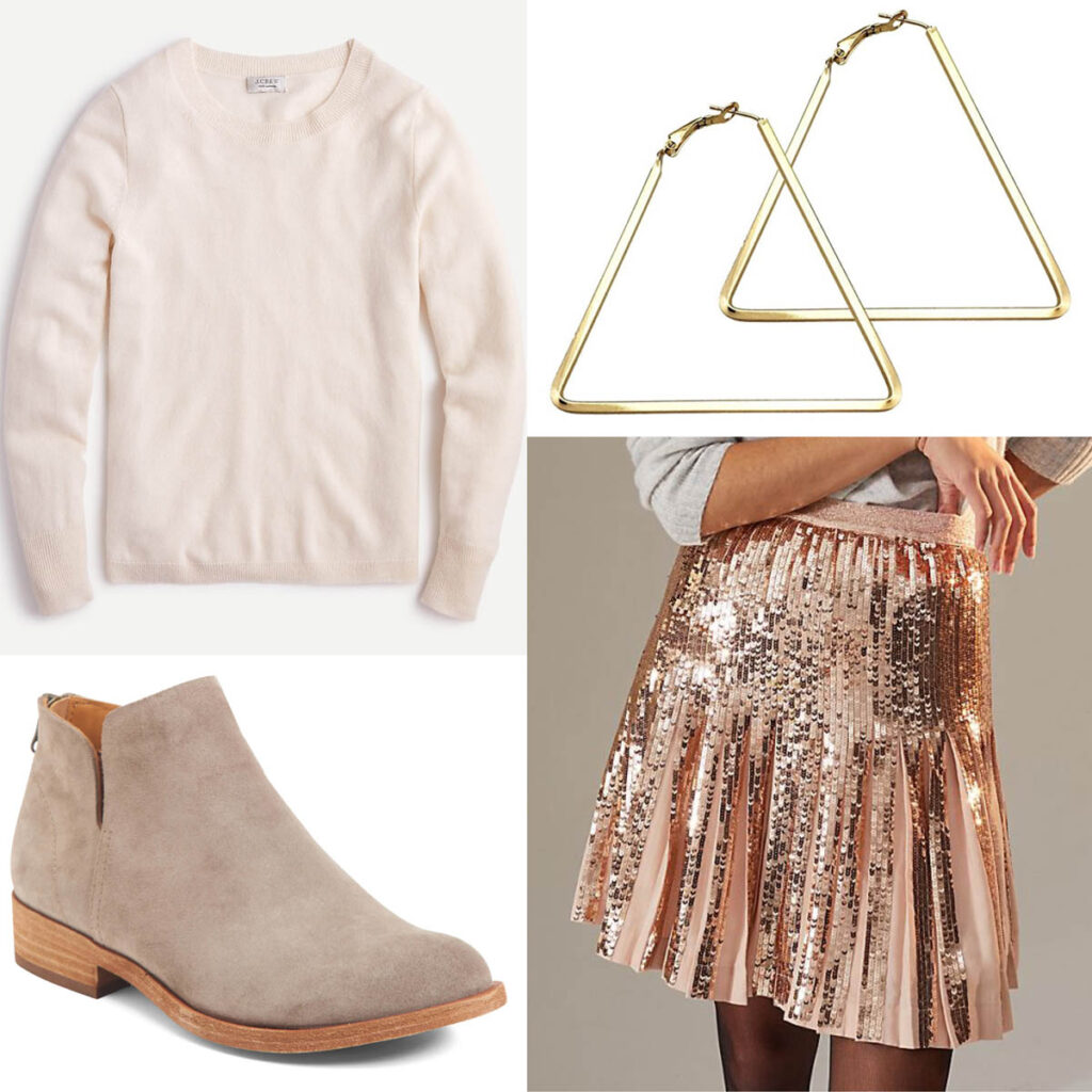 What to Wear New Year's Eve Cashmere sweater and sequin skirt look