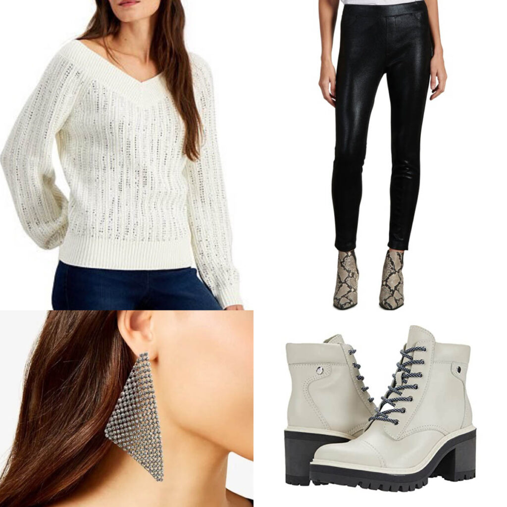 Embellished Sweater and Faux Leather Leggings Outfit New Year's Day Brunch Look