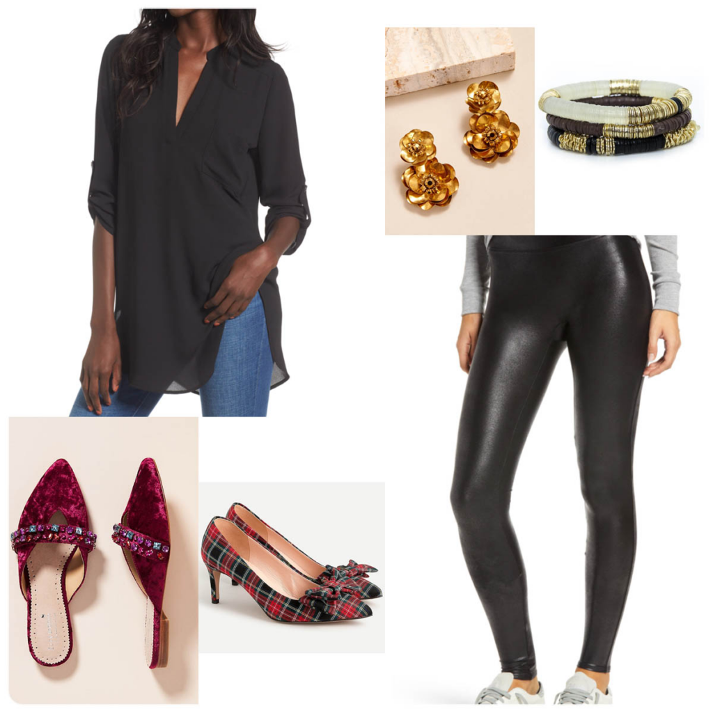 What to Wear Christmas Eve at Home Monochromatic All Black Look Tunic and Faux Leather Leggings Outfit