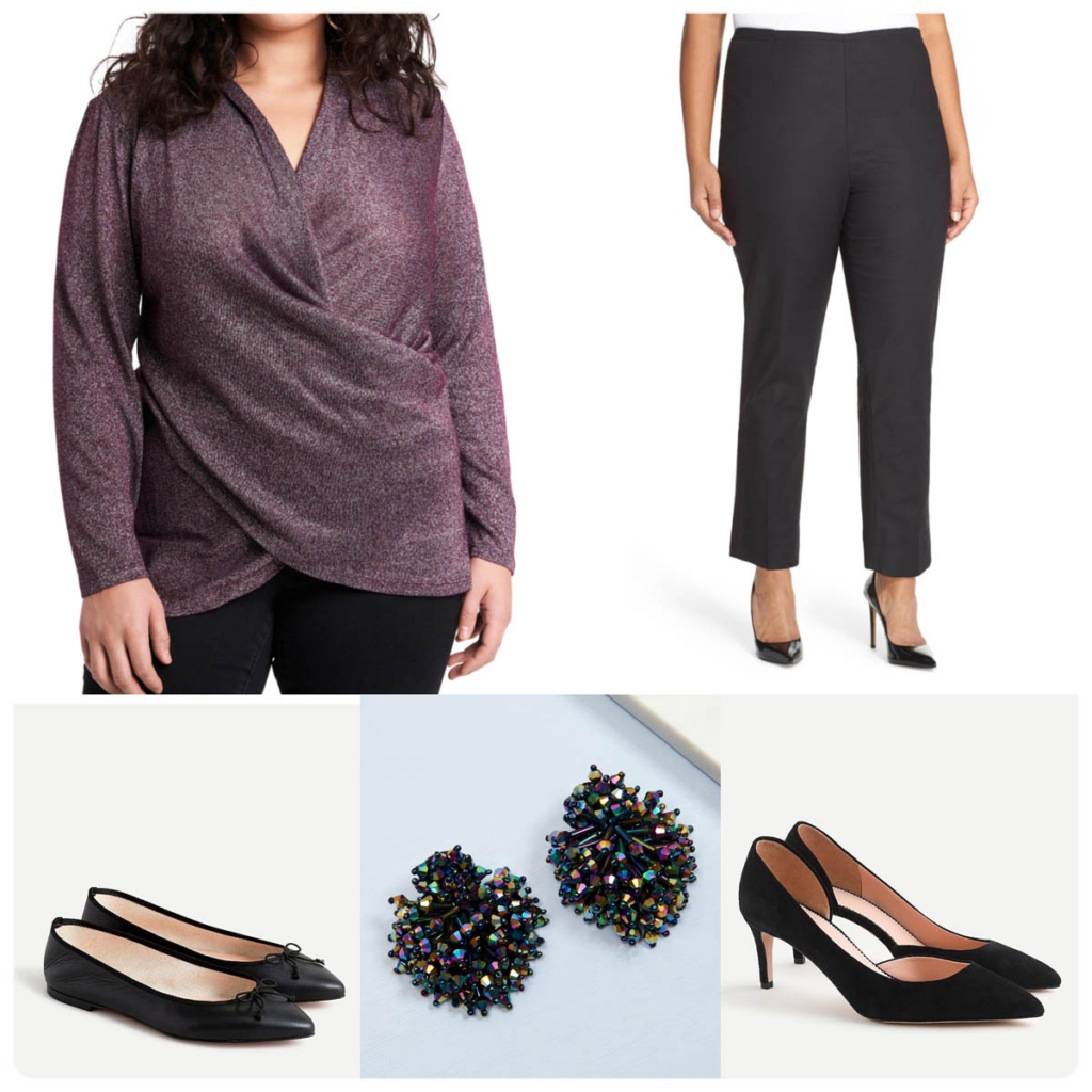 Plus Size Holiday Look Wrap Top & Black Pants Outfit