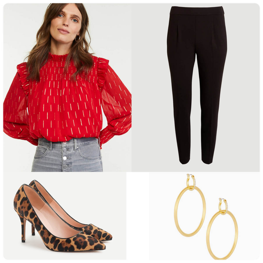 Christmas Dinner Look for Petites Red Blouse and Black Pants Outfit