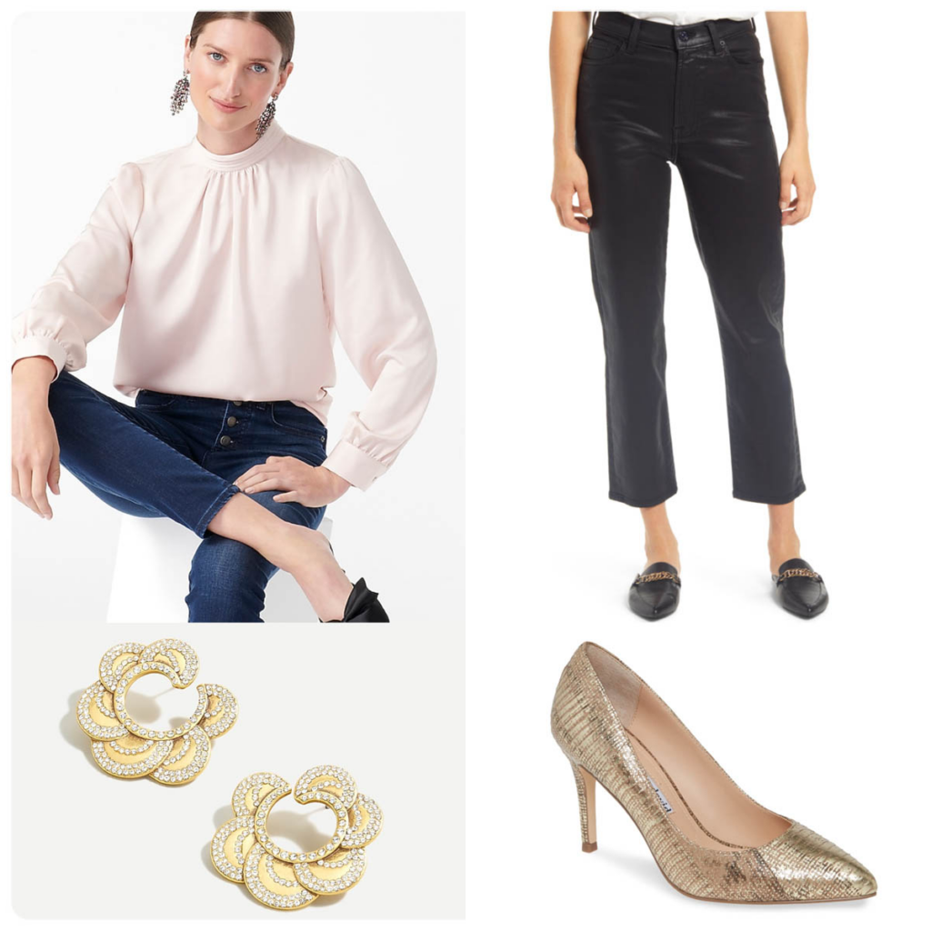 Holiday Dinner Outfit Ideas to Wear Now Mock Neck Blouse with Coated Black Denim