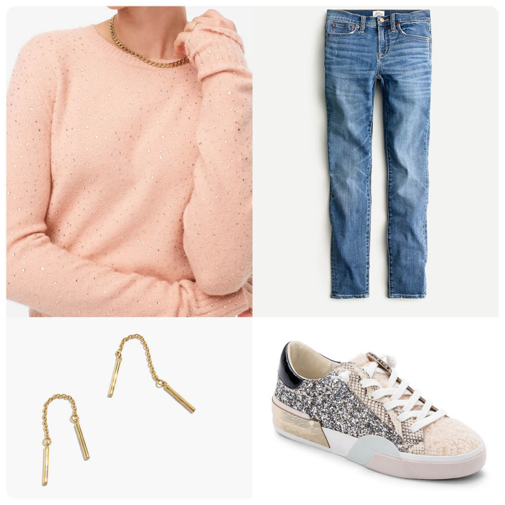Holiday Lunch Outfit Ideas Gemstone Sweater and Light Denim Casual Look with Sneakers