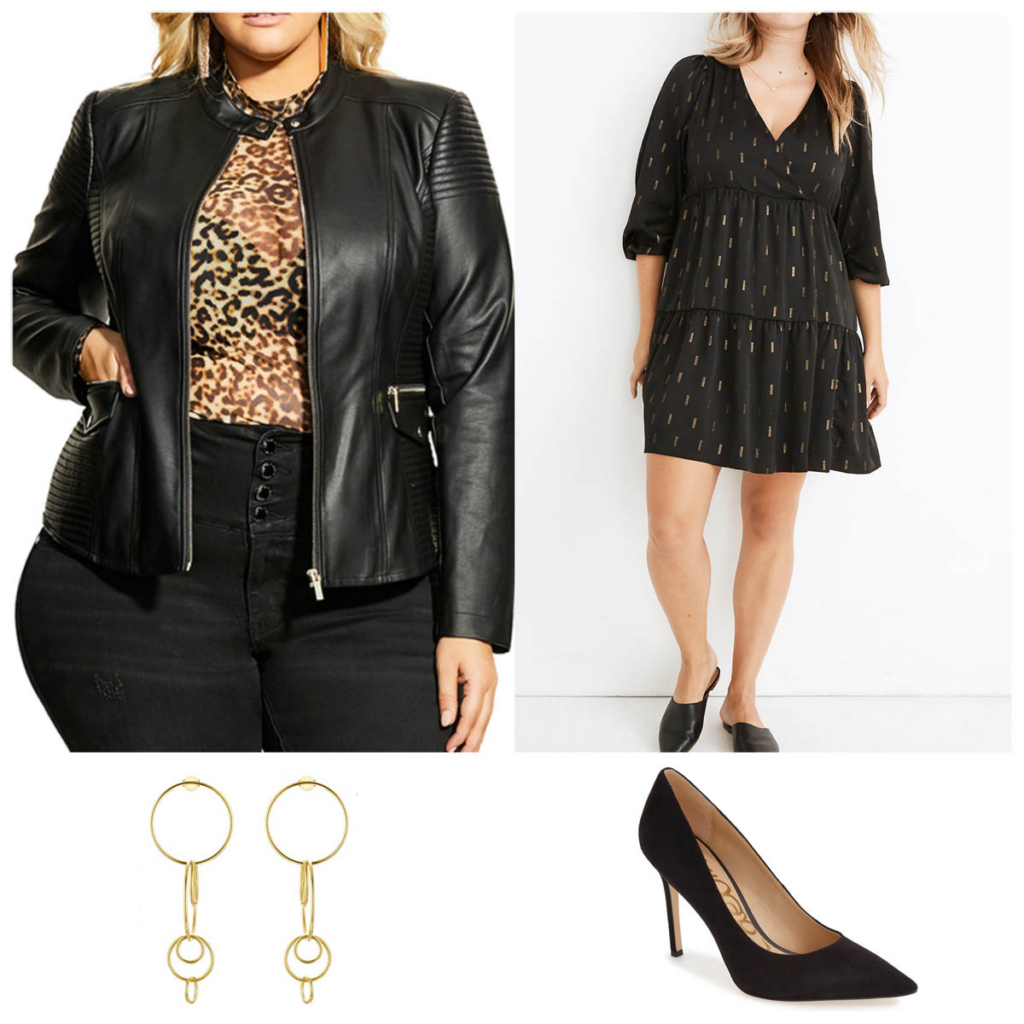 Holiday Dinner Outfit Ideas to Wear Now Plus Size Dress and Leather Jacket Look