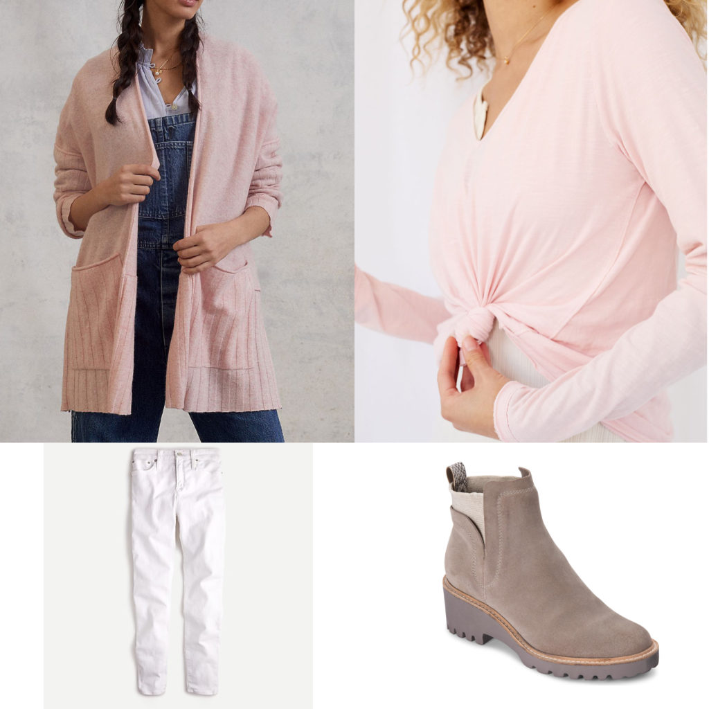 Blush Pink with white jeans in winter 