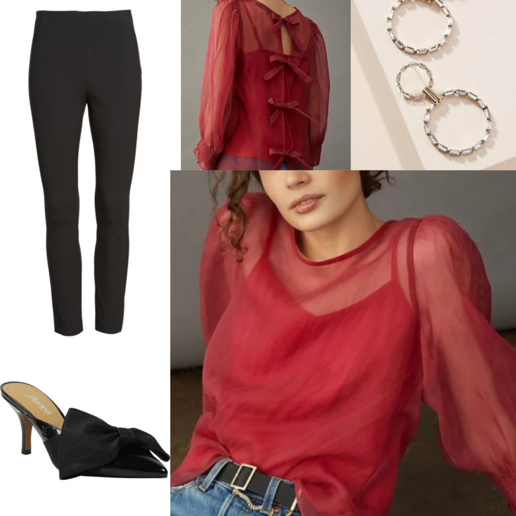 What to Wear for Valentine's Day Night Out Sheer Blouse and Black Pants Look