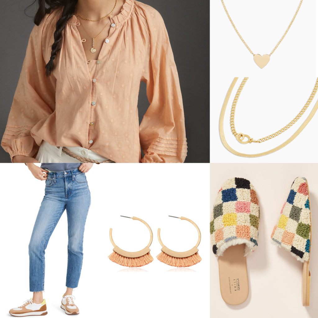 What to Wear on Valentine's Day for a night in Fun Blouse and Jeans Look with Gold Accessories and Slippers