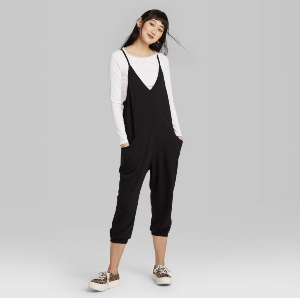 How to Style a Casual Jumpsuit How to Wear Black V-Neck Knit Jumpsuit 