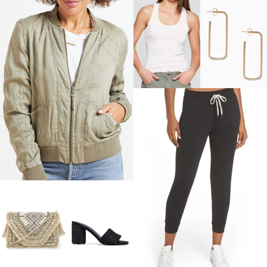 Dress up your joggers Fun jacket and joggers look with heels