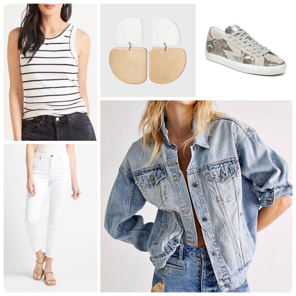 How to Wear an Oversized Denim Jacket with a stripe tank & white jeans