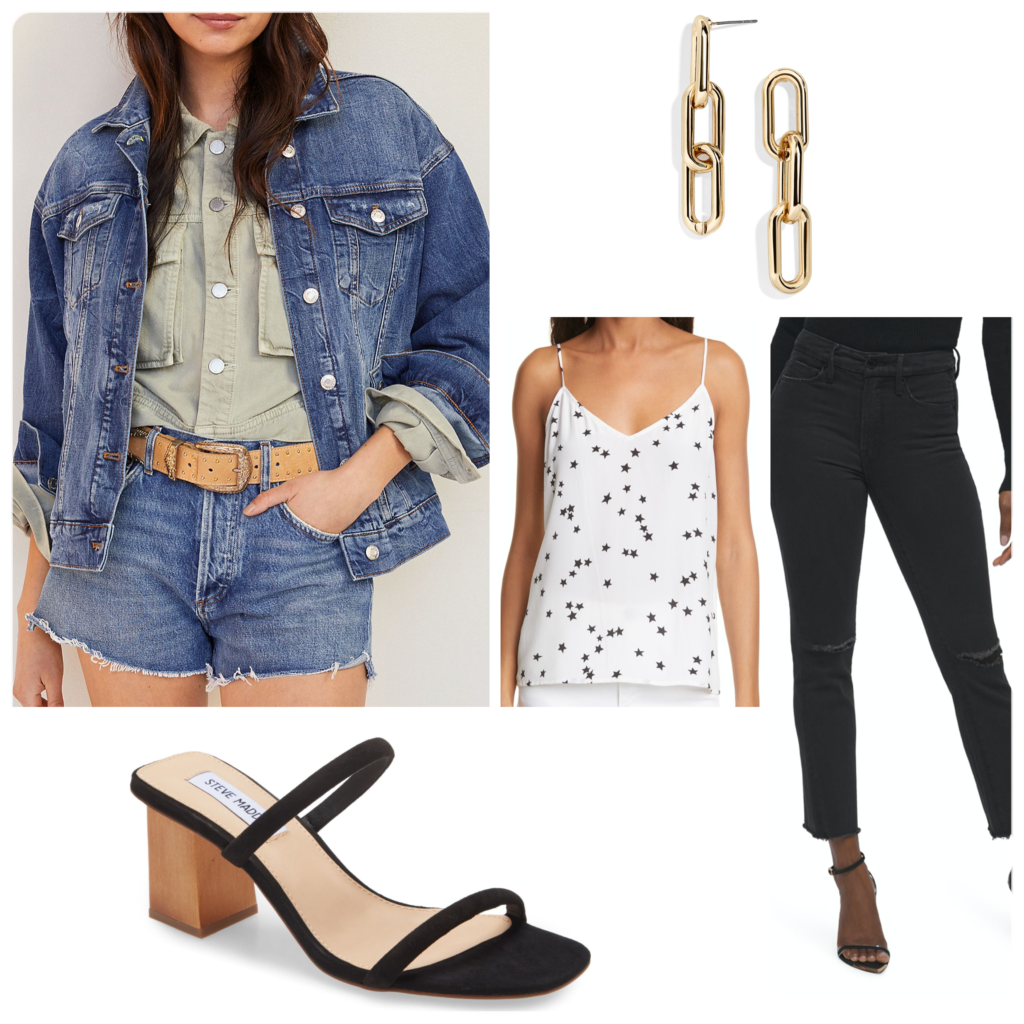 How to Wear an Oversized Denim Jacket with a fun tank and black jeans for summer