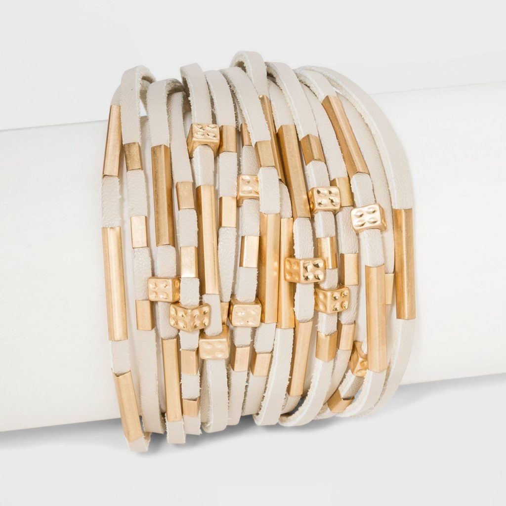 Neutral Gold Leather and Tube Slider Bracelet Spring Accessories