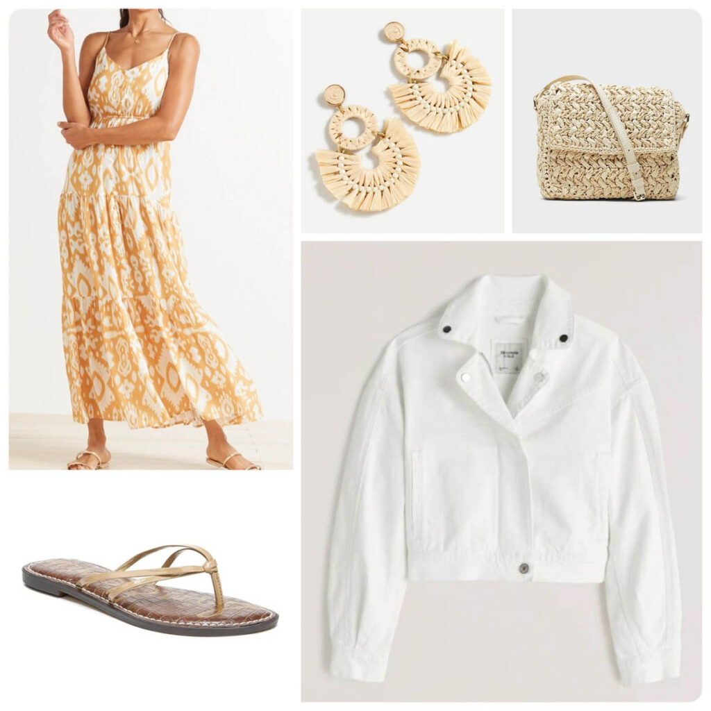 Ways to Wear a White Denim Jacket with a Maxi Dress and casual sandals