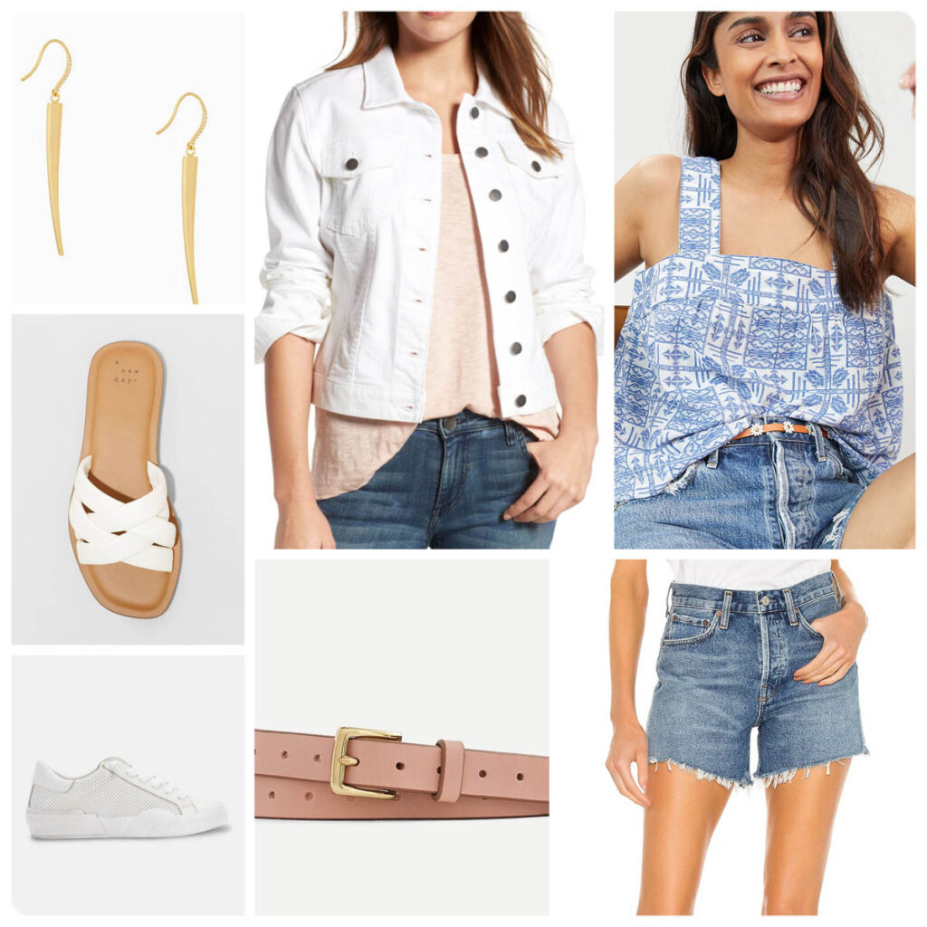 Styling a White Denim Jacket with a fun tank and cut off denim shorts