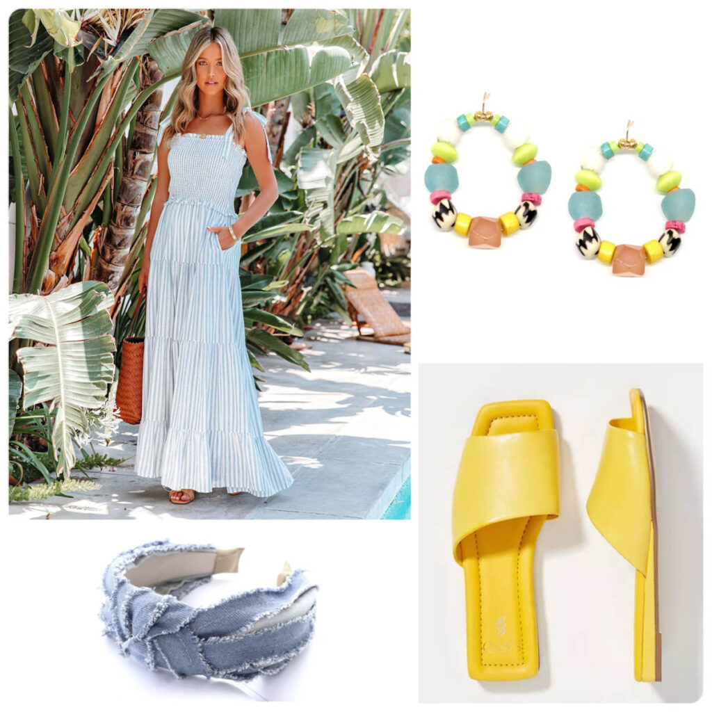 Summer Outfit Ideas Nautical Maxi Dress Fun Accessories Pop of Color