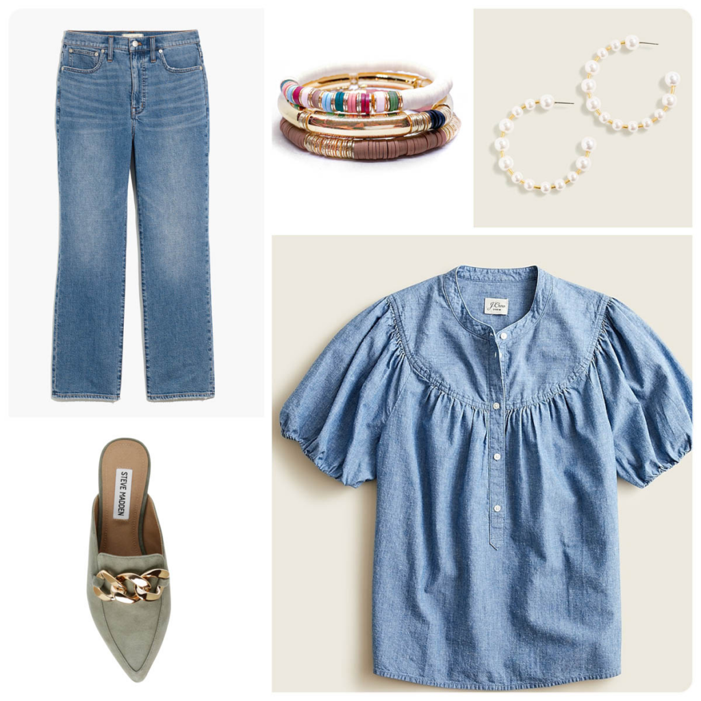 How to Pull off Denim-On-Denim Puff Sleeve Chambray Top with Jeans