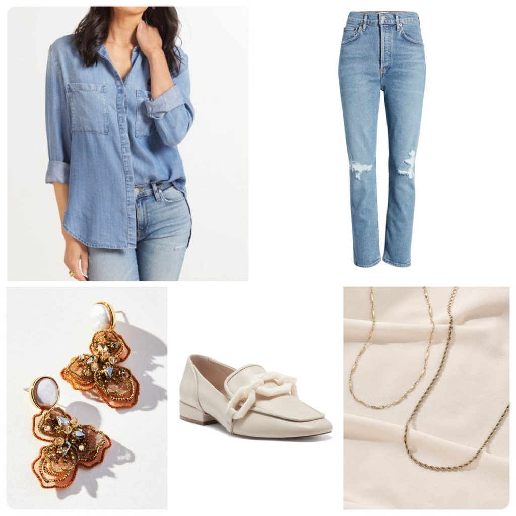 How to wear denim with denim Chambray Button Down High Rise Jeans Look