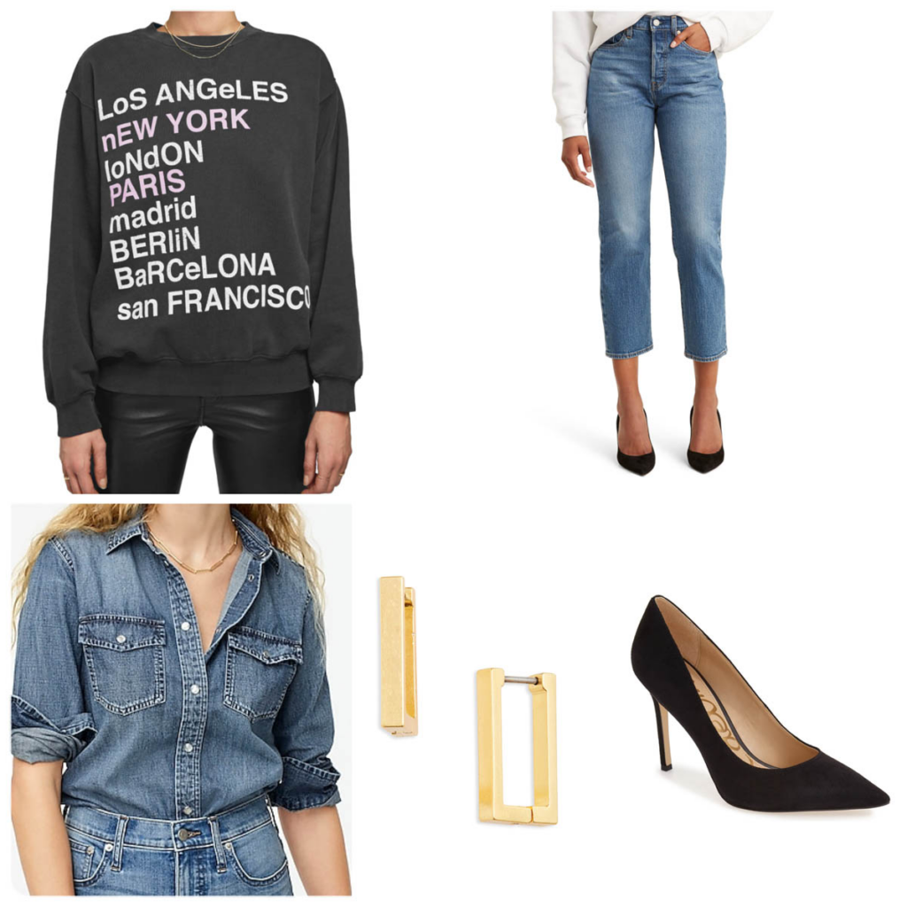 How to Wear Straight Leg Jeans Sweatshirt and Heels Outfit with jeans